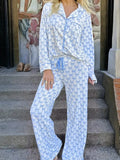 Bow Print Long Sleeve Shirt and Pants Pajama Set