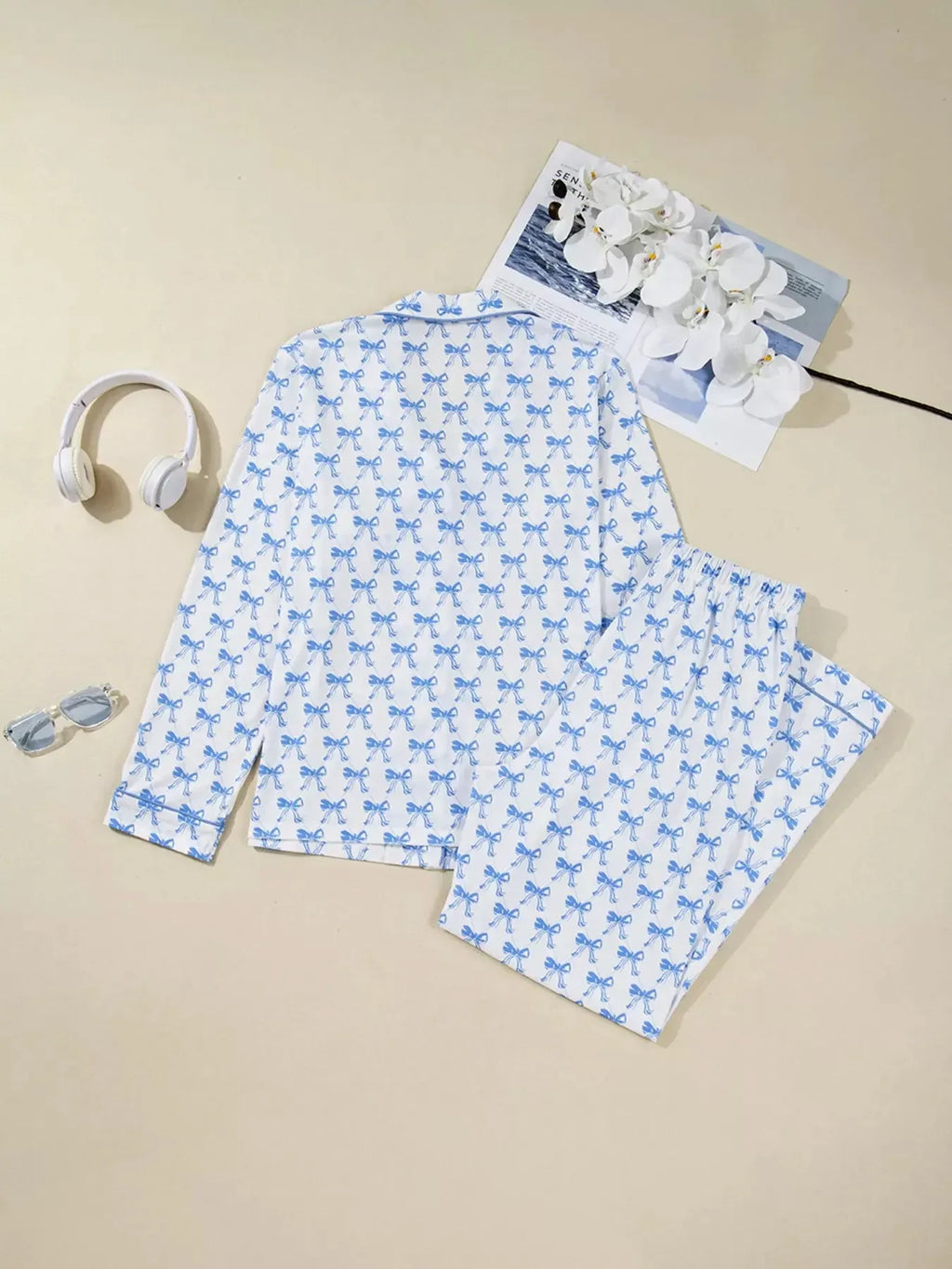 Bow Print Long Sleeve Shirt and Pants Pajama Set